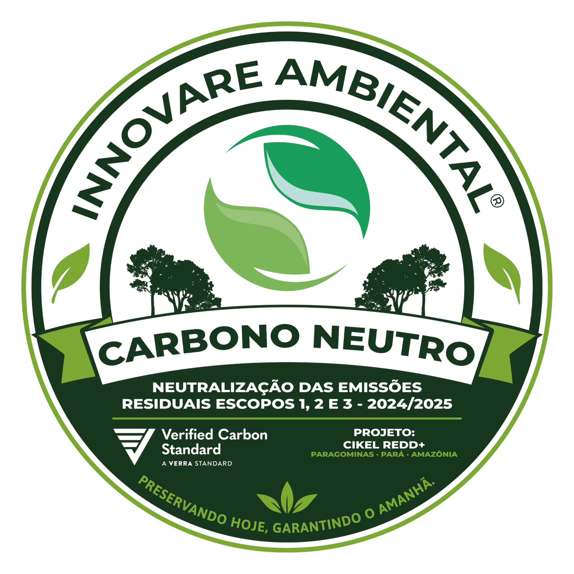 Selo Carbono Neutro da INNOVARE AMBIENTAL - neutralização das emissões residuais escopos 1, 2 e 3 (2024/2025), projeto CIKEL REDD+ certificado Verra