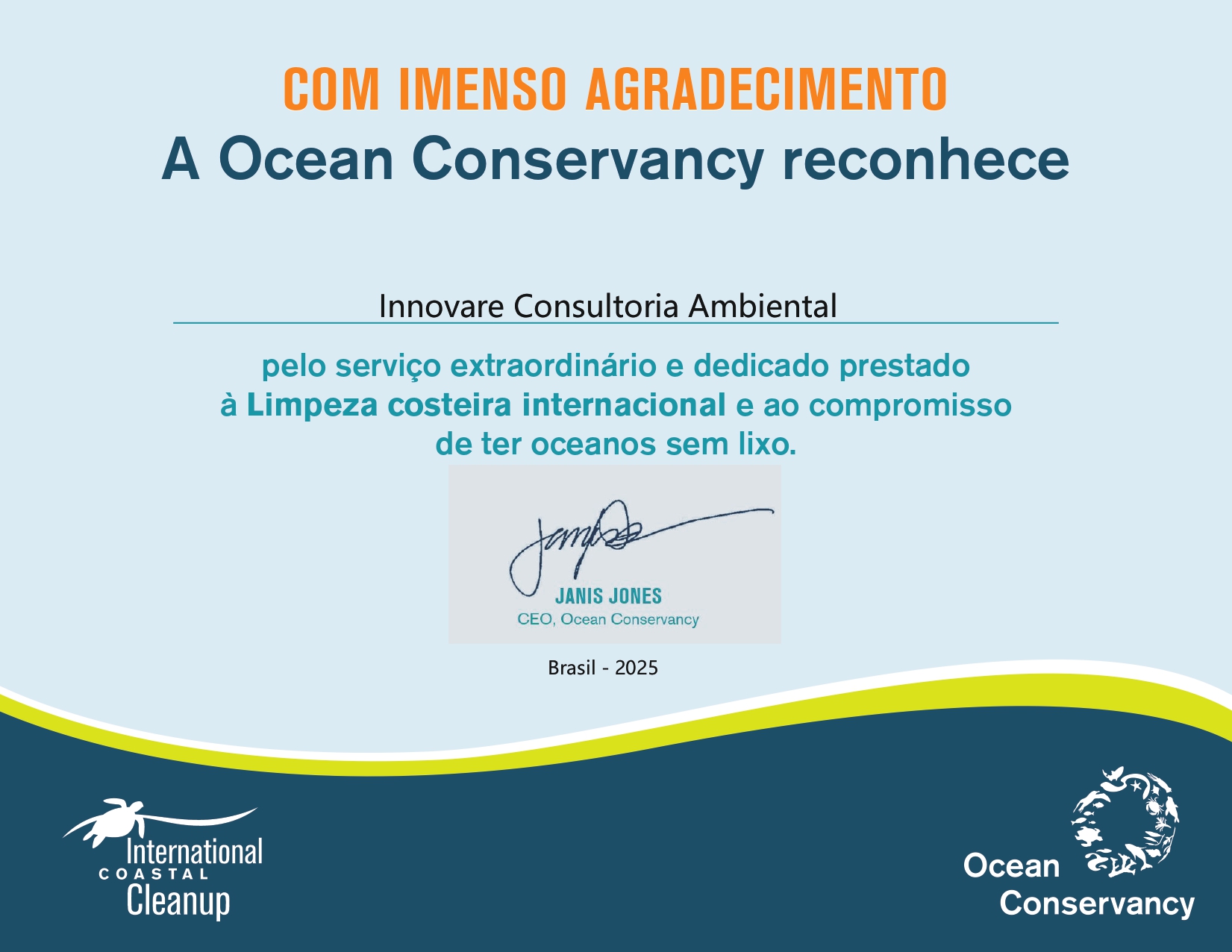 Certificado da Ocean Conservancy reconhecendo a Innovare Consultoria Ambiental pela Limpeza Costeira Internacional 2025