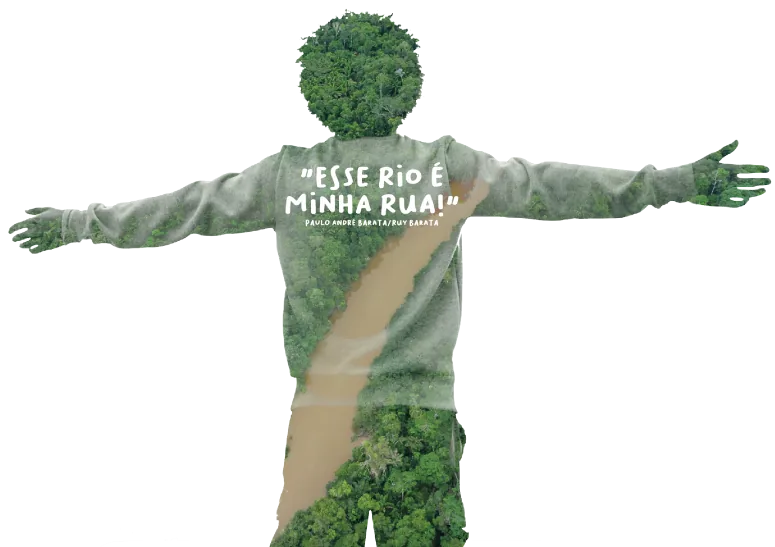 Silhueta humana com dupla exposição da floresta amazônica e um rio, ilustrando a integração entre pessoa e meio ambiente.