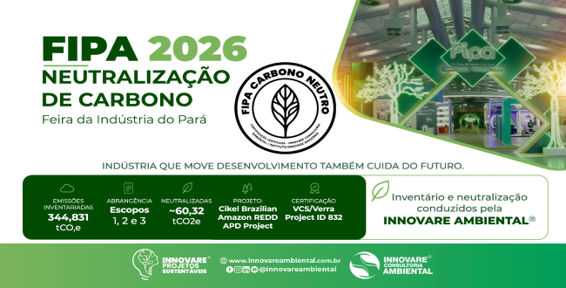Painel de neutralização de carbono da FIPA 2026 — Feira da Indústria do Pará: 344,831 tCO₂e inventariadas nos Escopos 1, 2 e 3, aproximadamente 60,32 tCO₂e neutralizadas, projeto Cikel Brazilian Amazon REDD APD Project, certificação VCS/Verra Project ID 832