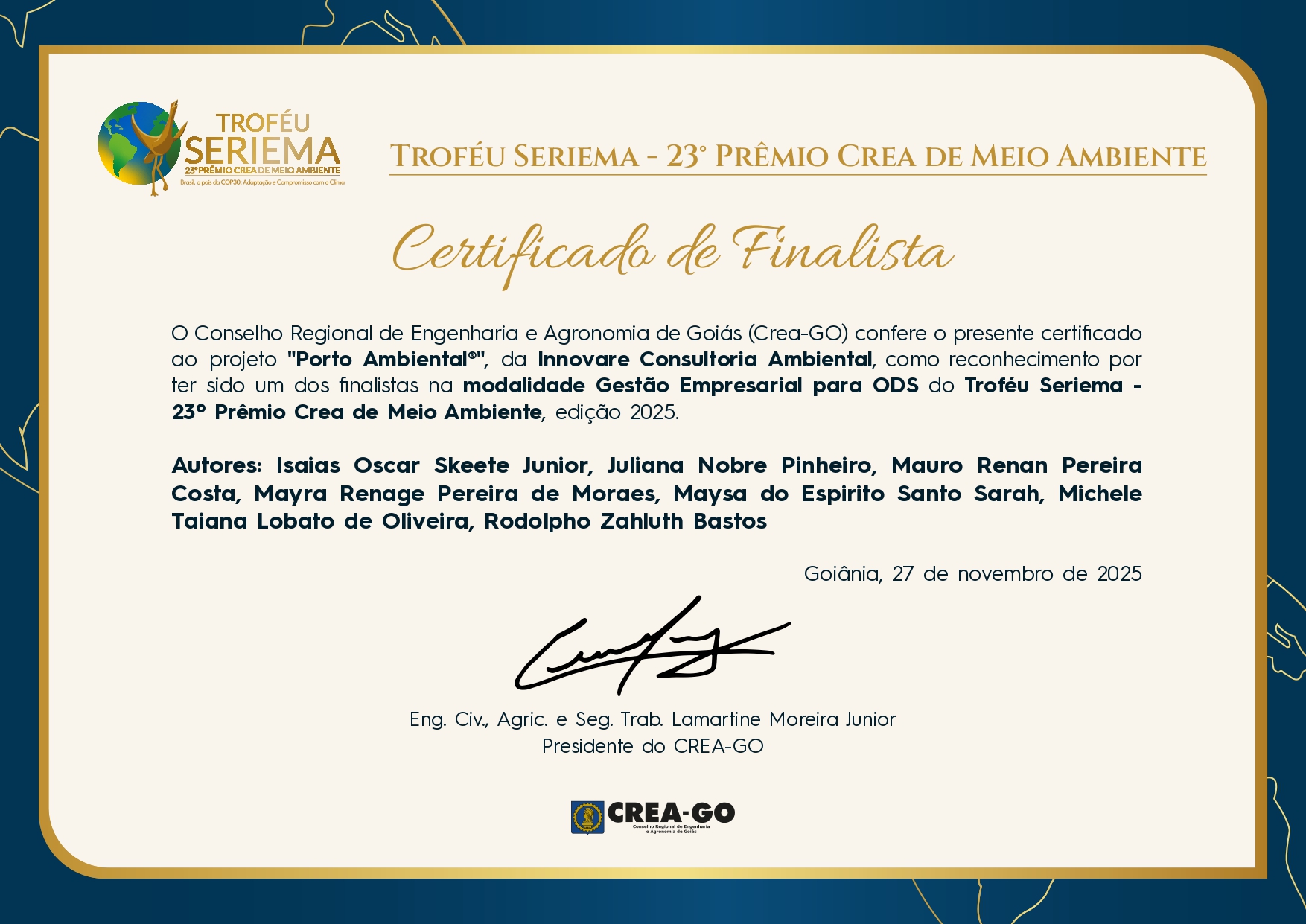 Certificado de finalista do Troféu Seriema - 23º Prêmio CREA de Meio Ambiente para o projeto Porto Ambiental da Innovare Consultoria Ambiental