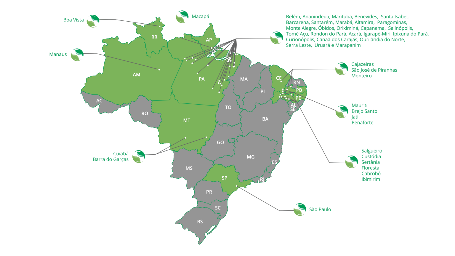 Mapa de atuação da Innovare Ambiental no Brasil