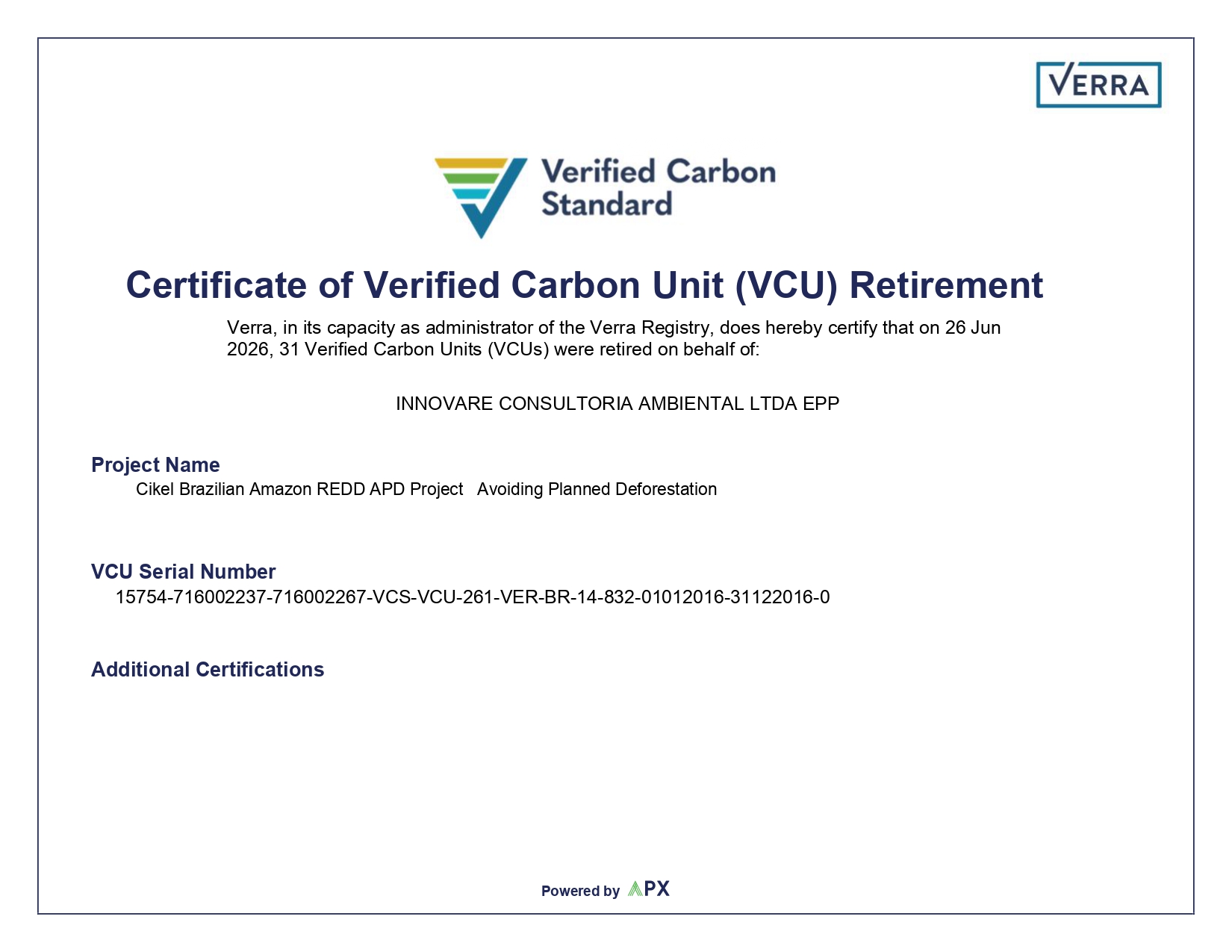 Certificado Verra de aposentadoria de 31 Verified Carbon Units (VCU) em nome da Innovare Consultoria Ambiental